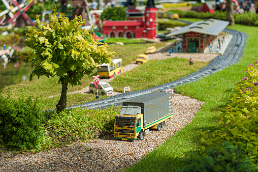 Billund, Denmark - June 26 2011: Lego model of a truck and trailer displayed at Legoland Billund.