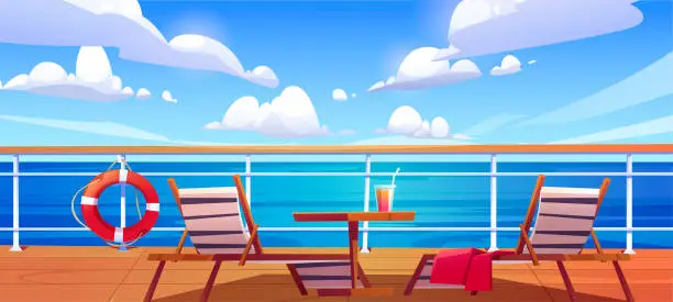 Vector illustration of Cruise ship deck with sun loungers, wooden table