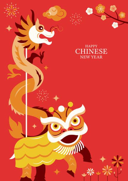 illustrazioni stock, clip art, cartoni animati e icone di tendenza di sfondo del personaggio della danza del leone e del drago di capodanno cinese - lion dance