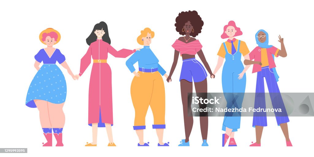 Group Of Girls Of Different Nationalities Multiracial Community The Friends  Stand Together And Hold Hands Independent Women Colorful Cartoon Characters  Vector Flat Illustration Stock Illustration - Download Image Now - iStock