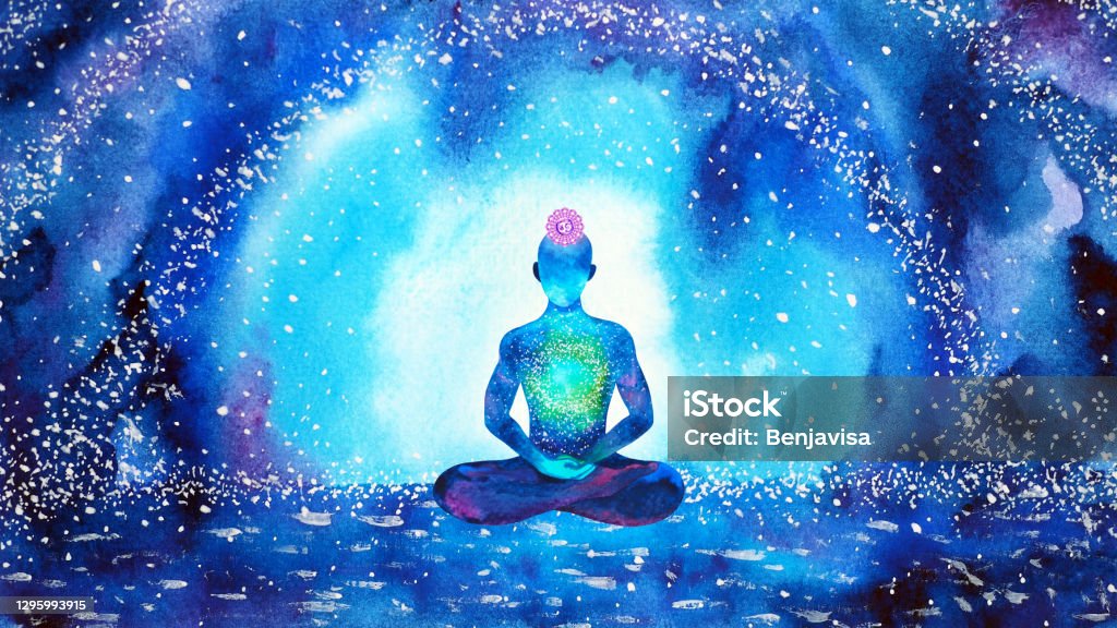 crown violet chakra human meditate mind mental health yoga spiritual healing meditation peace watercolor painting illustration design abstract universe Crown - Headwear stock illustration