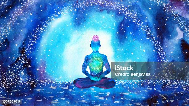 Crown Violet Chakra Human Meditate Mind Mental Health Yoga Spiritual Healing Meditation Peace Watercolor Painting Illustration Design Abstract Universe Stock Illustration - Download Image Now