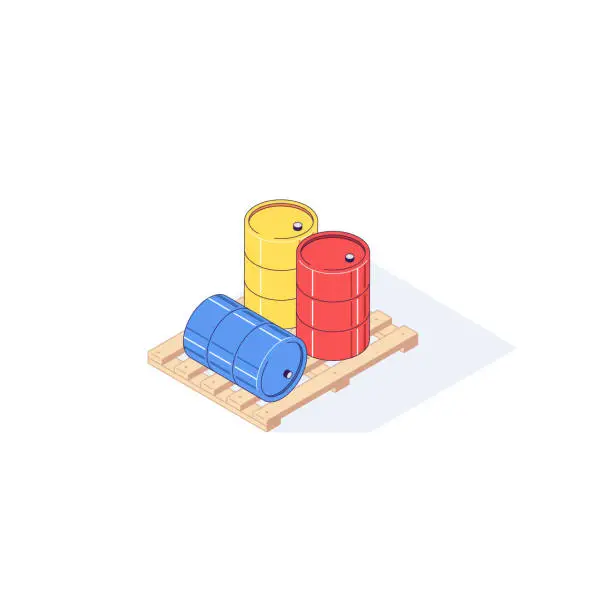 Vector illustration of Isometric wooden pallet with barrels. 3d pallets cargo goods fuel benzin petrol gas and combustible vector illustration