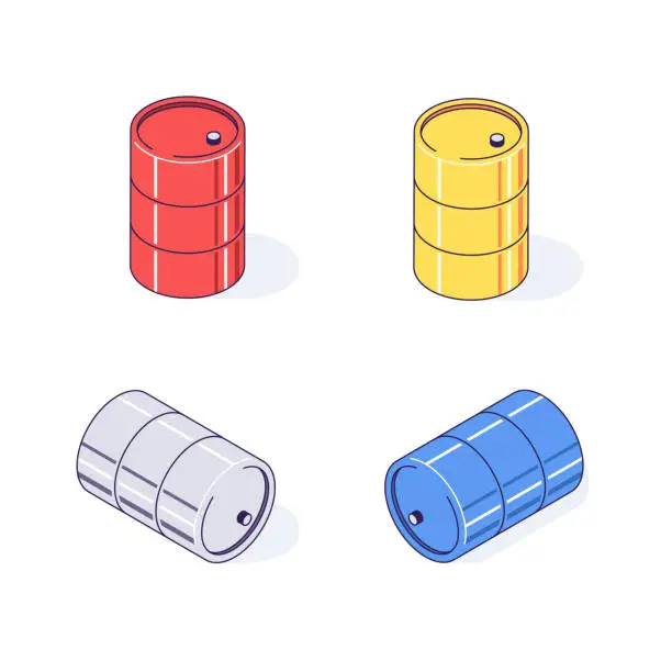 Vector illustration of Isometric barrels red yellow gray and blue. Flat cargo goods fuel benzin petrol gas and combustible vector illustration