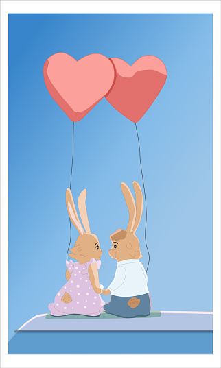 A couple of cute bunnies on vacation. Celebrate valentine's day. Fire up heart shaped balloons. rest at nature. Vector illustration for cards, posters, covers.