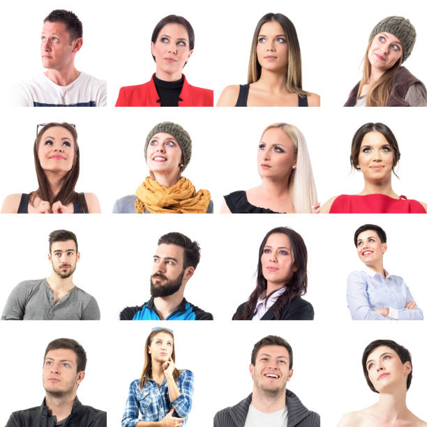 istock Set of many different young people portraits looking up thinking isolated 1295996425