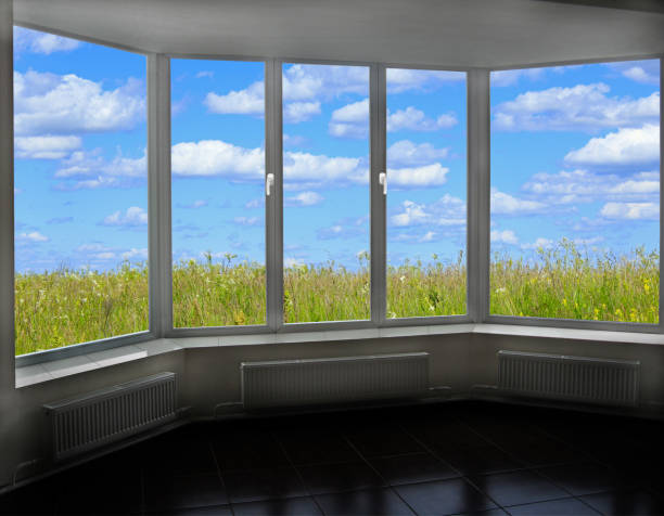 istock Window with summe view. Landscape field and cloudy sky 1296001846