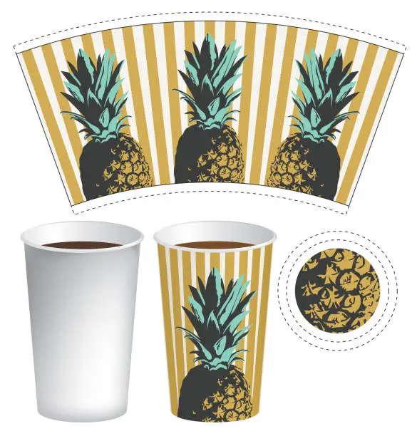 Vector illustration of paper cup template for hot drinks with pineapples