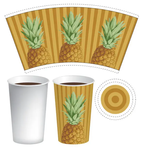 Vector illustration of paper cup template for hot drinks with pineapples