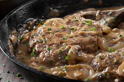 Salisbury Steak in a Rich Mushroom and Onion Gravy with Mashed Potatoes