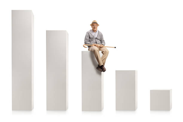 istock Elderly man with a cane sitting on the middle bar graph in a chart 1296002688