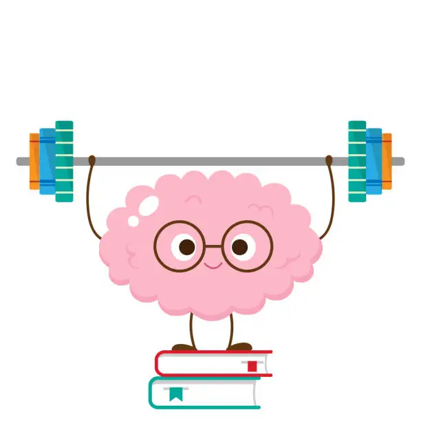 Vector illustration of Cartoon brain lifting barbell make of books