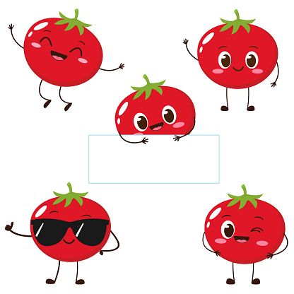 Cute happy red tomato character. Funny vegetable emoticon in flat style. Food emoji vector illustration. Healthy vegetarian food