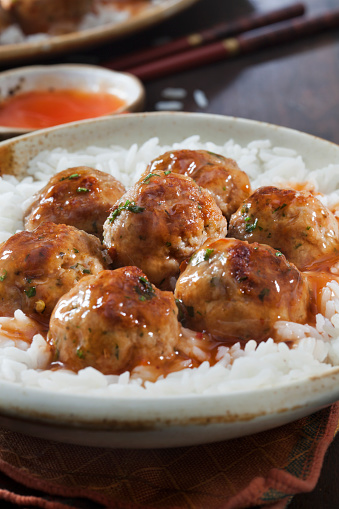 Sweet and Sour Chicken Meatballs with Steamed Rice