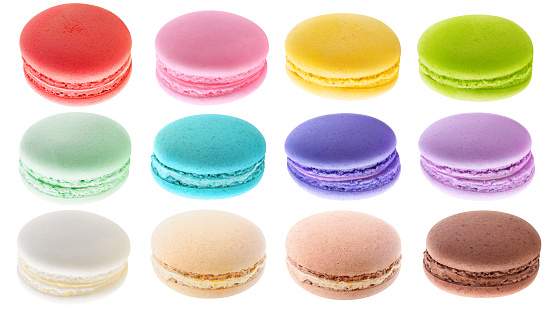 Multicolored macaroons collection isolated on white background