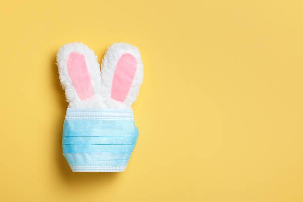 istock Quarantine easter concept. Rabbit in a protective medical mask on a yellow background. 1296003880