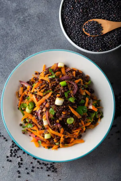 Black Lentil Salad with carrot, onion and parsley with bowl of black lentil on grey background.