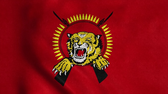 Flag of Tamil Eelam, waving in wind. Realistic flag background. 3d illustration.