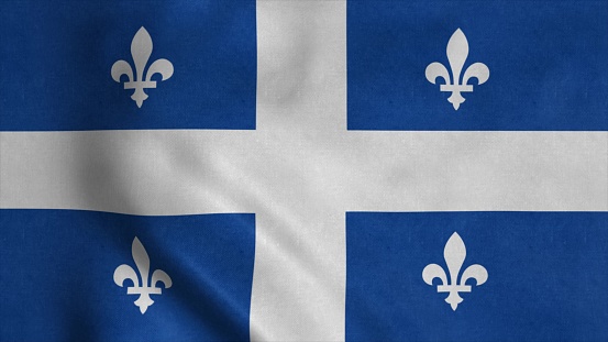 Quebec Province flag video waving in wind. 3d illustration.
