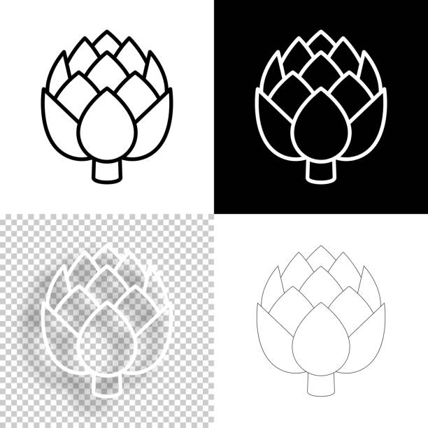 Artichoke. Icon for design. Blank, white and black backgrounds - Line icon Icon of "Artichoke" for your own design. Four icons with editable stroke included in the bundle: - One black icon on a white background. - One blank icon on a black background. - One white icon with shadow on a blank background (for easy change background or texture). - One line icon with only a thin black outline (in a line art style). The layers are named to facilitate your customization. Vector Illustration (EPS10, well layered and grouped). Easy to edit, manipulate, resize or colorize. And Jpeg file of different sizes. artichoke stock illustrations