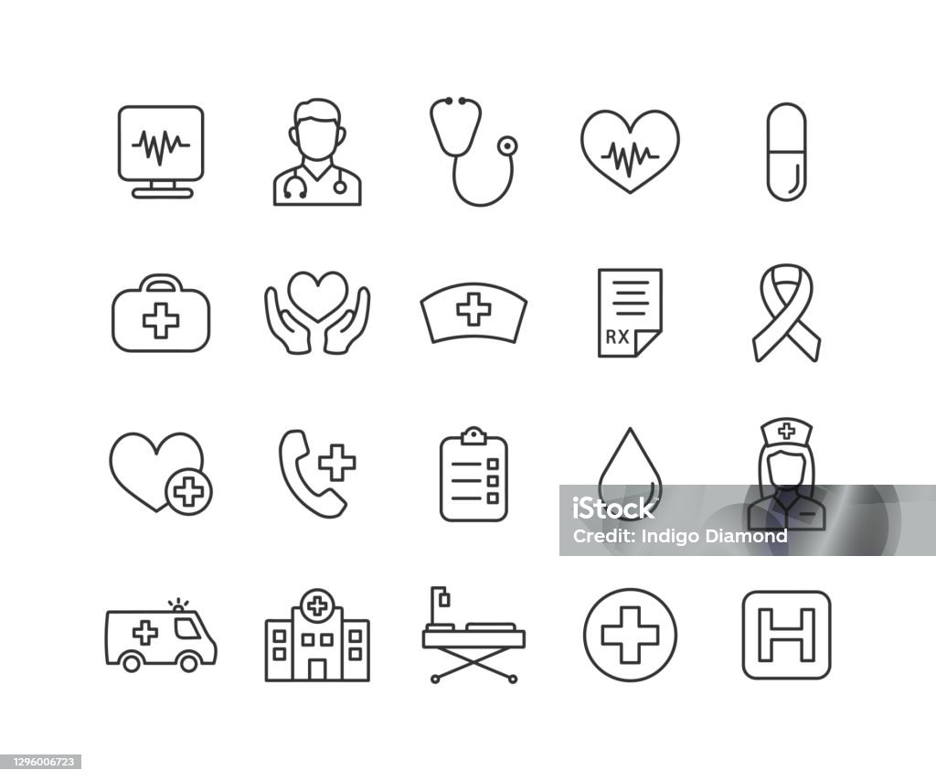 Medical thin line icon set with editable stroke. Cardiology outline collection. Health care icons. Vector illustration. - Royalty-free Símbolo de ícone arte vetorial