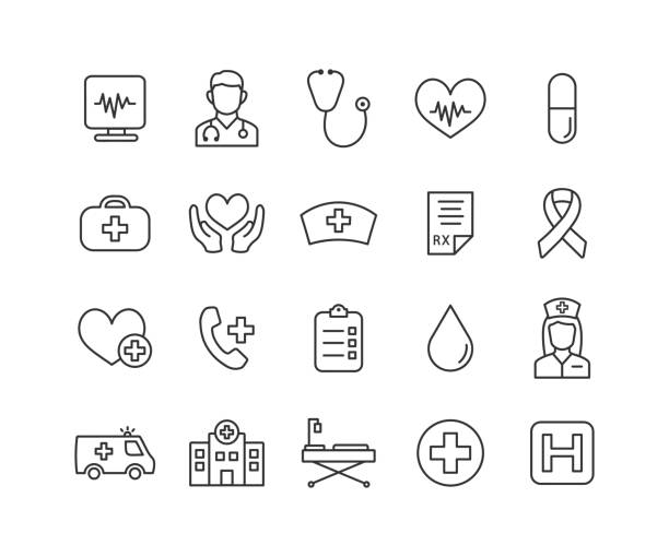 Medical thin line icon set with editable stroke. Cardiology outline collection. Health care icons. Vector illustration. Medical thin line icon set with editable stroke stethoscope stock illustrations