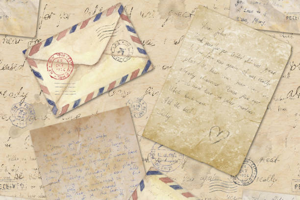 istock Background in vintage style with hand written letters, post stamps, envelopes 1296011798