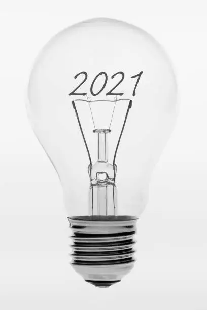 Isolated photo of an old-fashioned glass light bulb with the text two thousand and twenty one
