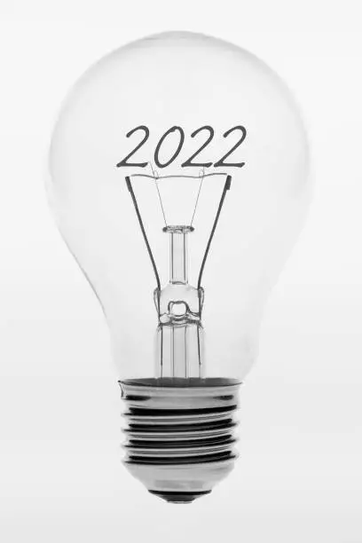 Isolated photo of an old-fashioned glass light bulb with the text two thousand and twenty two