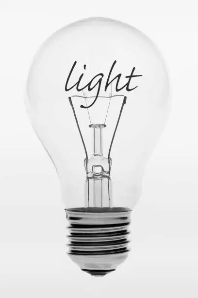 Isolated photo of an old-fashioned glass light bulb with the English text light