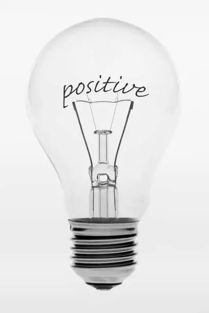 Isolated photo of an old-fashioned glass light bulb with the English text positive