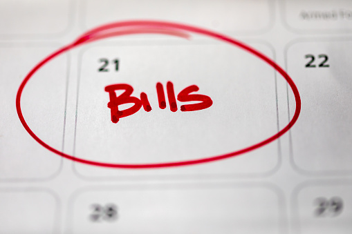 Calendar of reminders when bills, rent and pay day are due