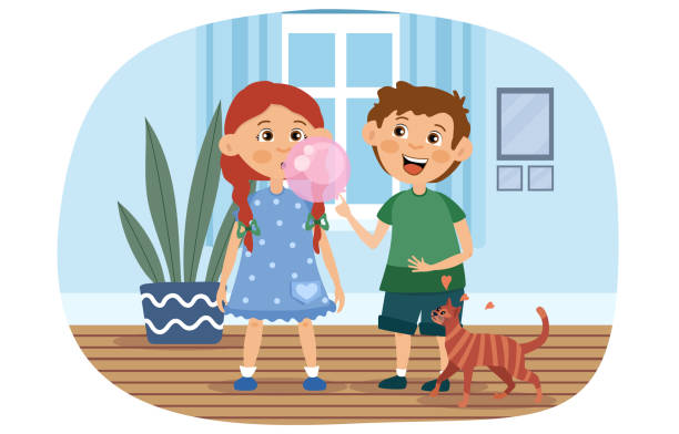 껌을 츄잉 껌과 불기 거품을 즐기는 어린 소녀 - chewing gum candy bubble little girls stock illustrations