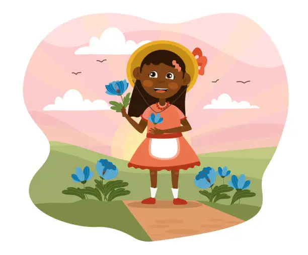 Vector illustration of Pretty little girl picking fresh flowers