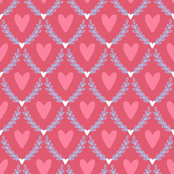 ilustrações de stock, clip art, desenhos animados e ícones de valentine's day seamless pattern with hearts and blue branches - 5551