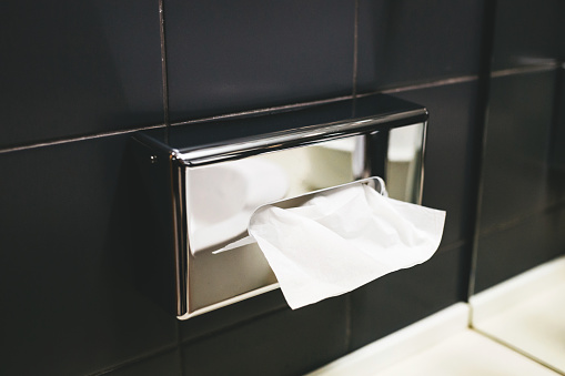White paper towel in the bathroom or in wc in a metal box.