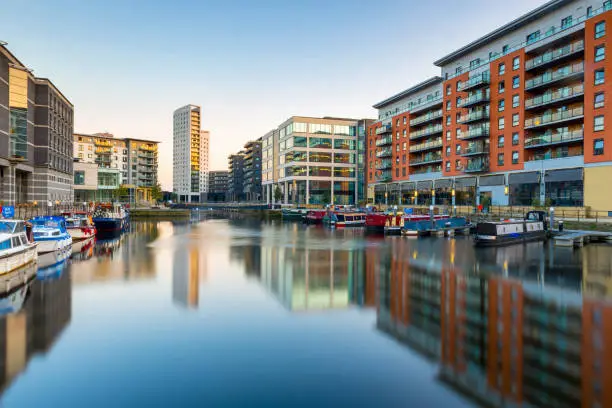 Wide angle view of modern architecture at Leeds Docks in the city of Leeds, Yorkshire, England, UK.