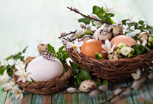 Easter composition. Chicken eggs, natural flowers in a vase and eggshell
