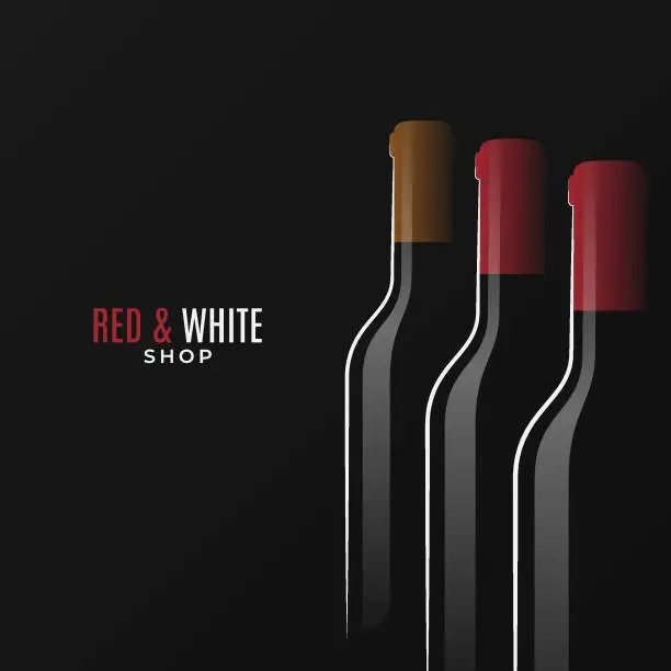 Vector illustration of Wine shop design. Bottles of red and white wine on black background