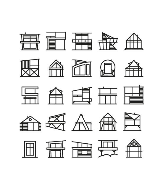 typical region house symbol in France collection of symbols of modern huts, house extension, holiday home, gite, workshop, office duplex stock illustrations