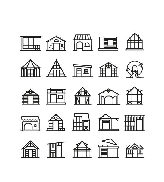 Garden shed symbol, second home, holiday home collection of symbols small houses, cottage, workshop, cottage, tiny house, office beach hut stock illustrations