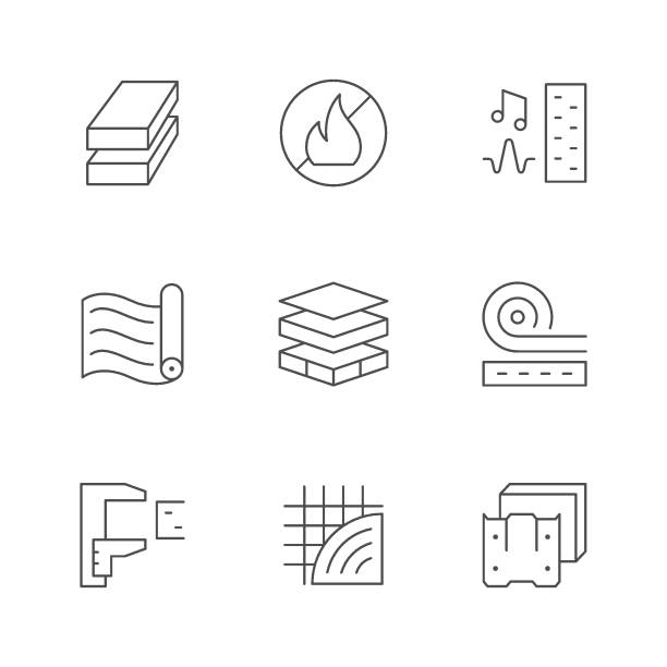 Set line icons of insulation Set line icons of insulation isolated on white. Soundproof material, multilayer, membrane, home construction, house renovation, incombustible or nonflammable, energy saving. Vector illustration thick stock illustrations