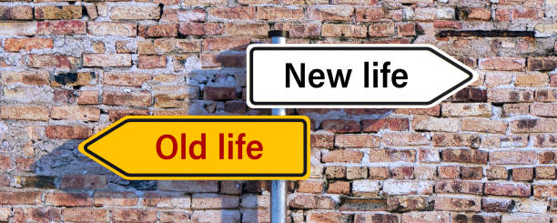 street signs pointing in different directions with the message NEW LIFE and OLD LIFE in front of a brick wall - 3d illustration stock photo