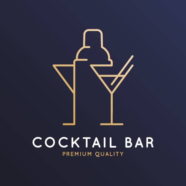 ilustraciones, imágenes clip art, dibujos animados e iconos de stock de coctelería con coctelera y copa de martini sobre fondo azul oscuro - bartender
