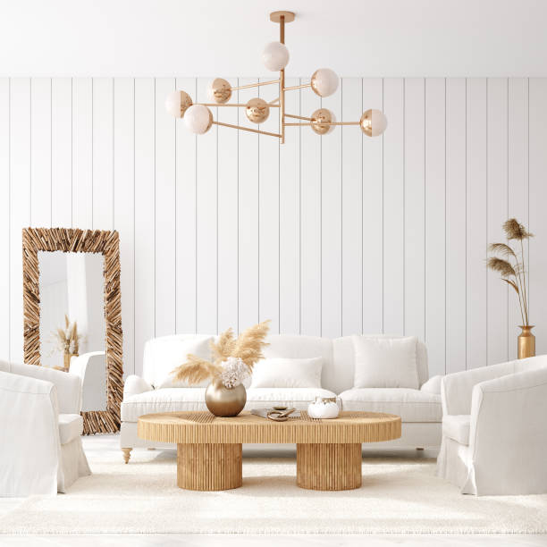 Coastal boho living room interior background, wall mockup