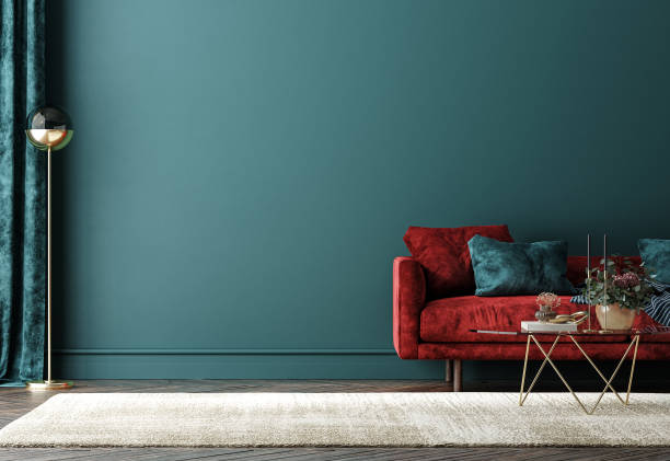istock Home interior with red sofa, table and decor in green living room 1296030921