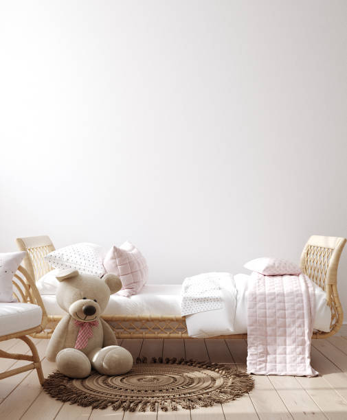 istock Wall mockup in children bedroom interior, Coastal boho style 1296030937