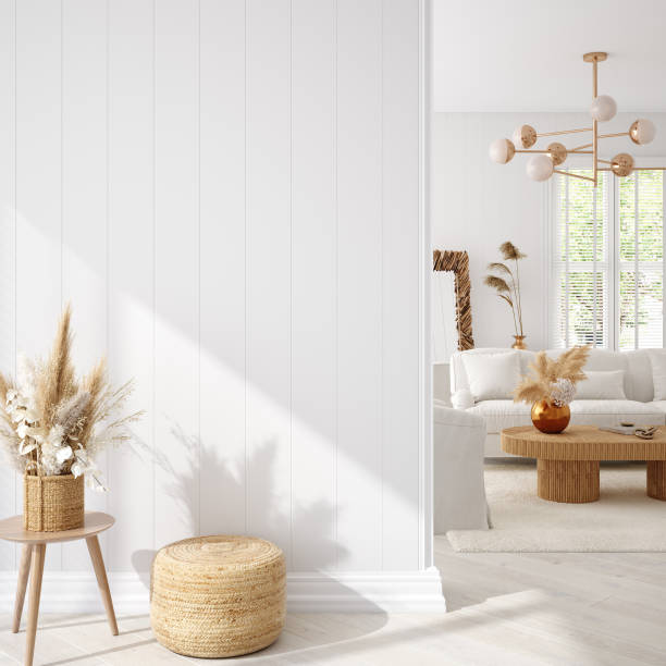 istock Coastal boho living room interior background, wall mockup 1296030939