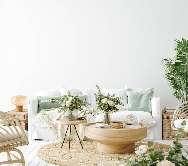 istock Coastal boho living room interior background, wall mockup 1296030949