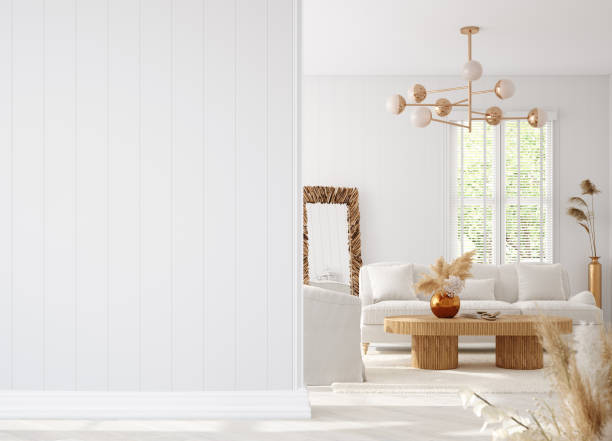 istock Coastal boho living room interior background, wall mockup 1296030952